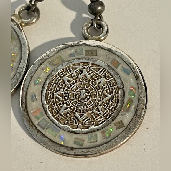 Vintage Sterling Silver & Opal Inlay Aztec Sun Calendar Earrings Made in Mexico - Picture 6 of 11
